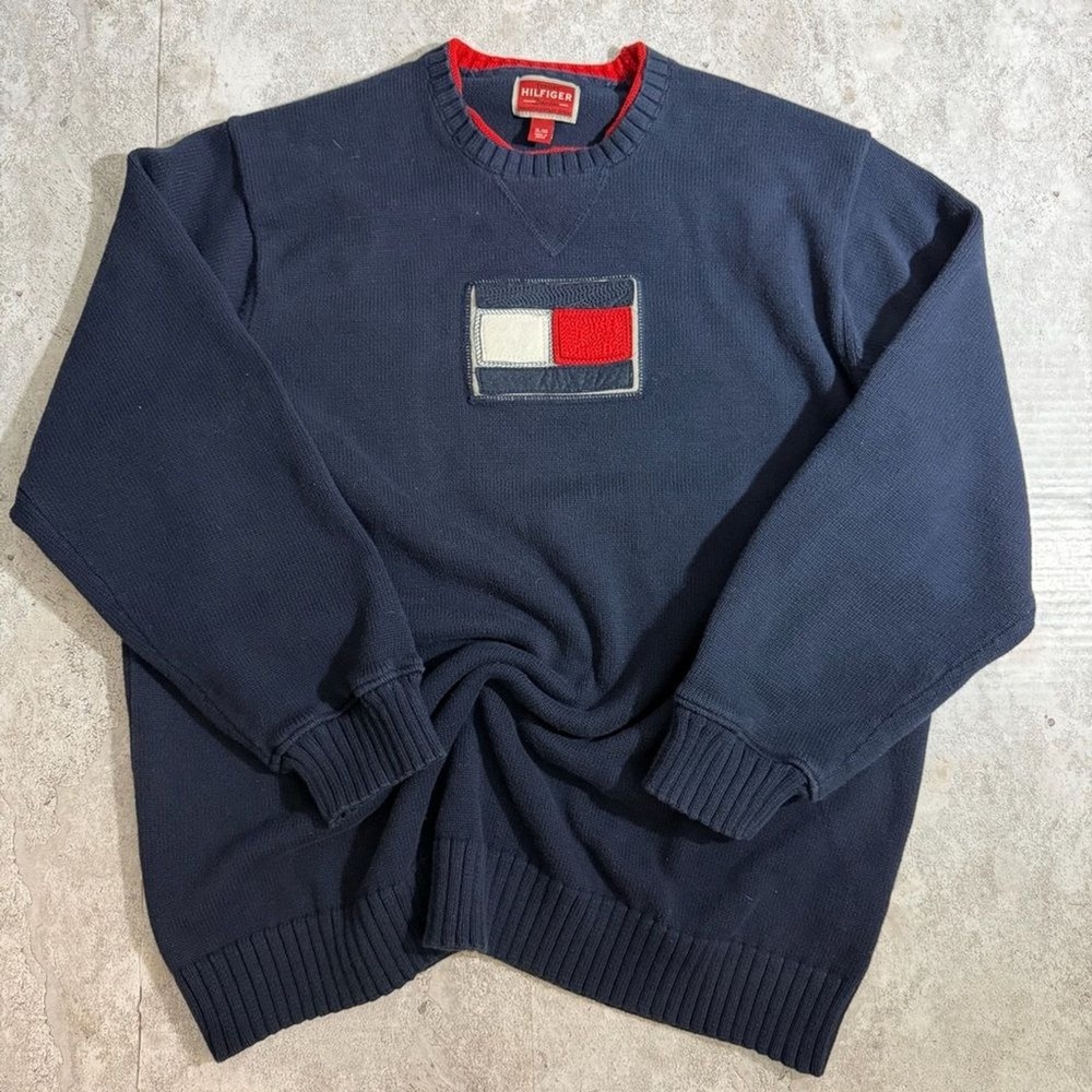 Tommy Hilfiger Denim Vintage Navy Blue Crewneck Sweater Flag Logo Mens XL Japan